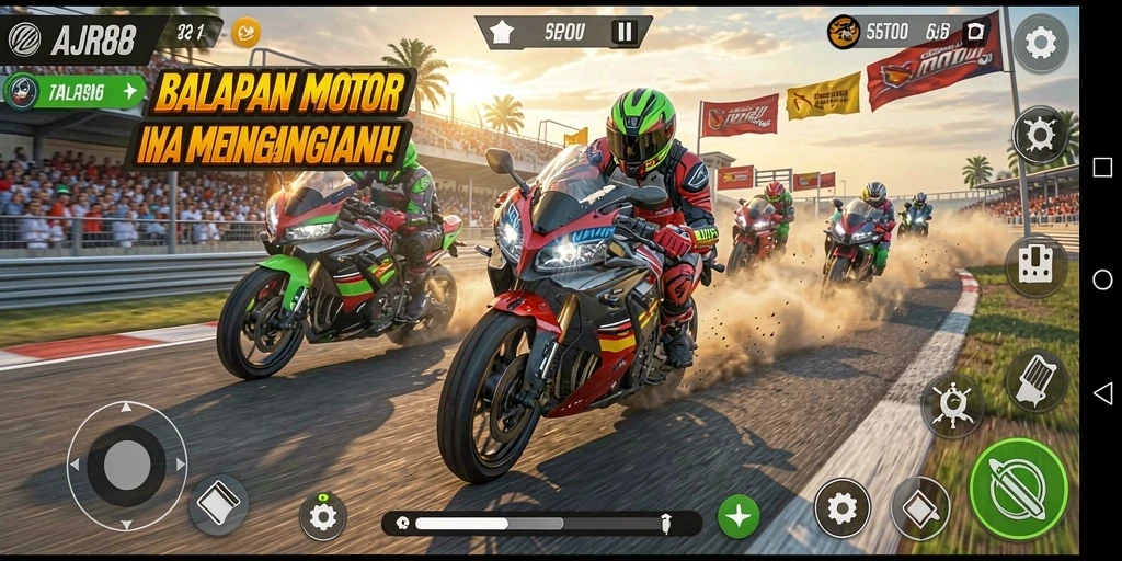 Screenshot gameplay AJR88 menampilkan aksi balapan motor yang mendebarkan.