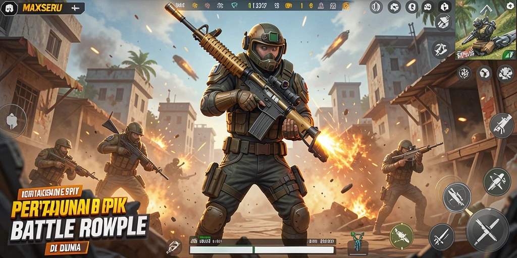 Gameplay MAXSERU yang intens di medan perang Battle Royale.